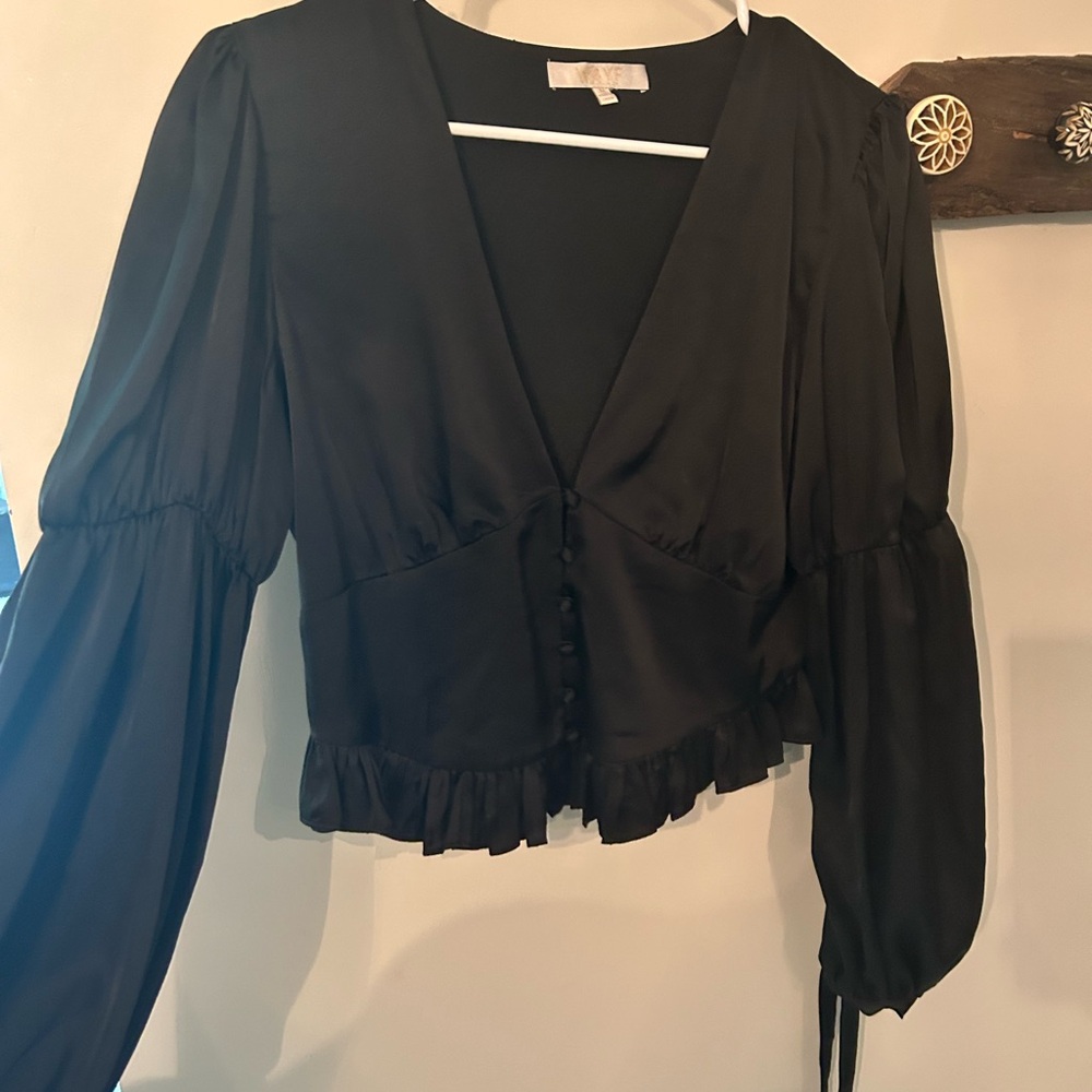 Wayf Black Bishop Sleeve Tie Front Blouse